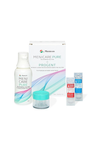 Menicare Pure Kit départ (1 flacon 70 ml +1 étui LRPO + 1 dose A B Progent + 1 étui Progent) - solutions pour lentille rigide - supervision